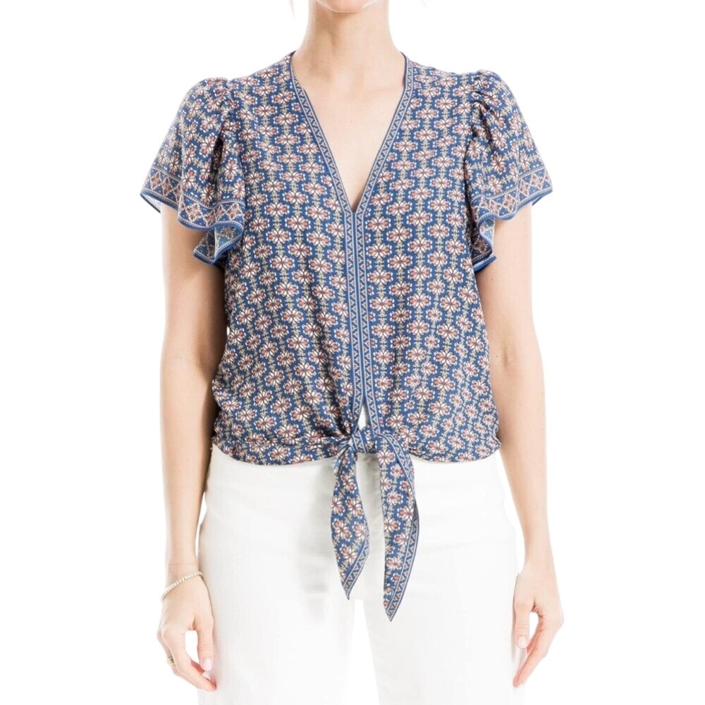 Max Studio Womens Tie Front Flutter Sleeve Floral Blouse Blue Small‎ 3704D35